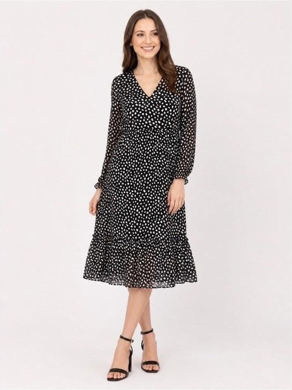 J.Crew Black Polka Dot V-Neck Midi Dress